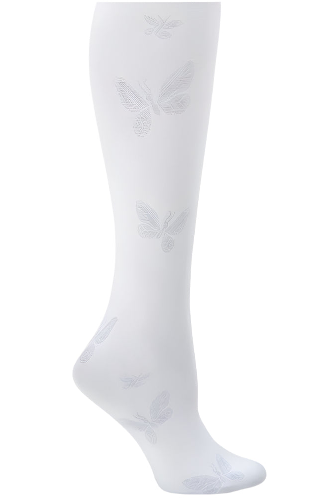 Nurse Mates Butterfly compression socks in white, 8-11 mmHg graduated support, cushioned heel and toe, non-slip top, moisture-wicking fabric for nurses and healthcare professionals.
