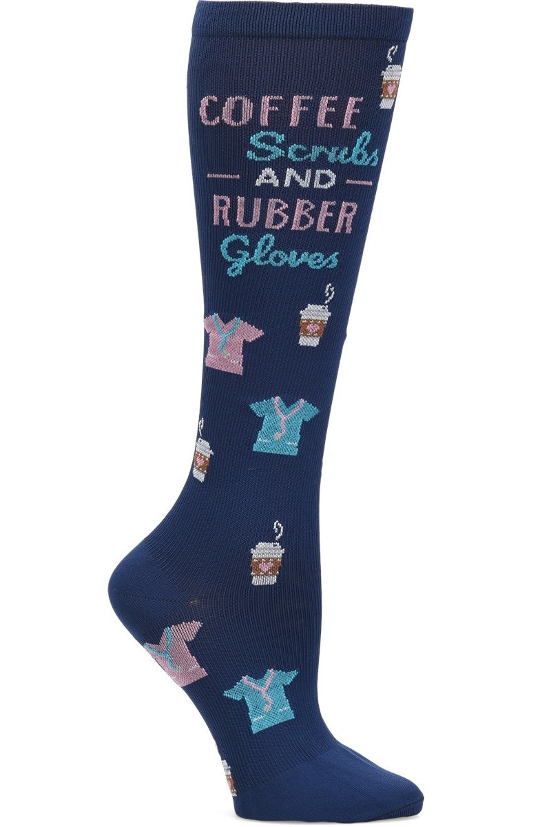 Nurse Mates Coffee Scrubs & Rubber Gloves compression socks - 12-14 mmHg graduated compression for regular calves up to 17 inches, humorous design for nurses and healthcare workers