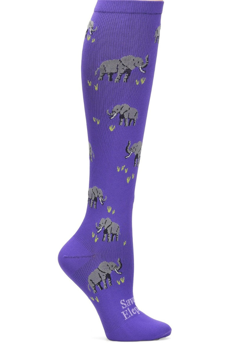 Nurse Mates Save The Elephants compression socks with elephant conservation theme - 12-14 mmHg graduated compression for regular calves up to 17 inches, wildlife awareness design for healthcare workers