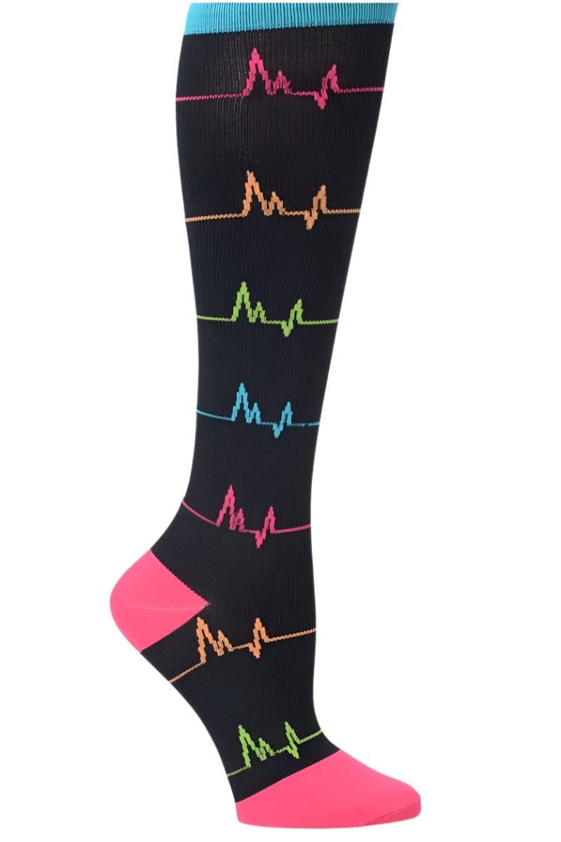 Nurse Mates Black EKG compression socks 12-14 mmHg extra wide calf up to 24 inches with heartbeat pattern design.