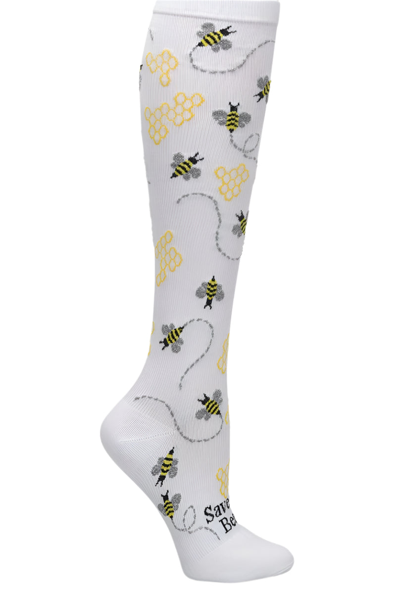 Nurse Mates Save The Bees compression socks 12-14 mmHg extra wide calf up to 24 inches with yellow and black bee pattern design.
