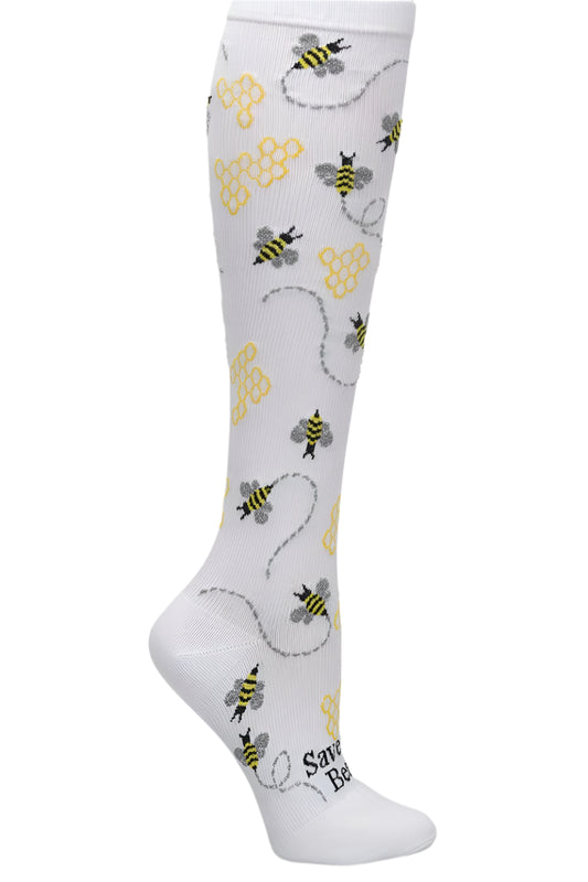 Nurse Mates Save The Bees compression socks 12-14 mmHg extra wide calf up to 24 inches with yellow and black bee pattern design.