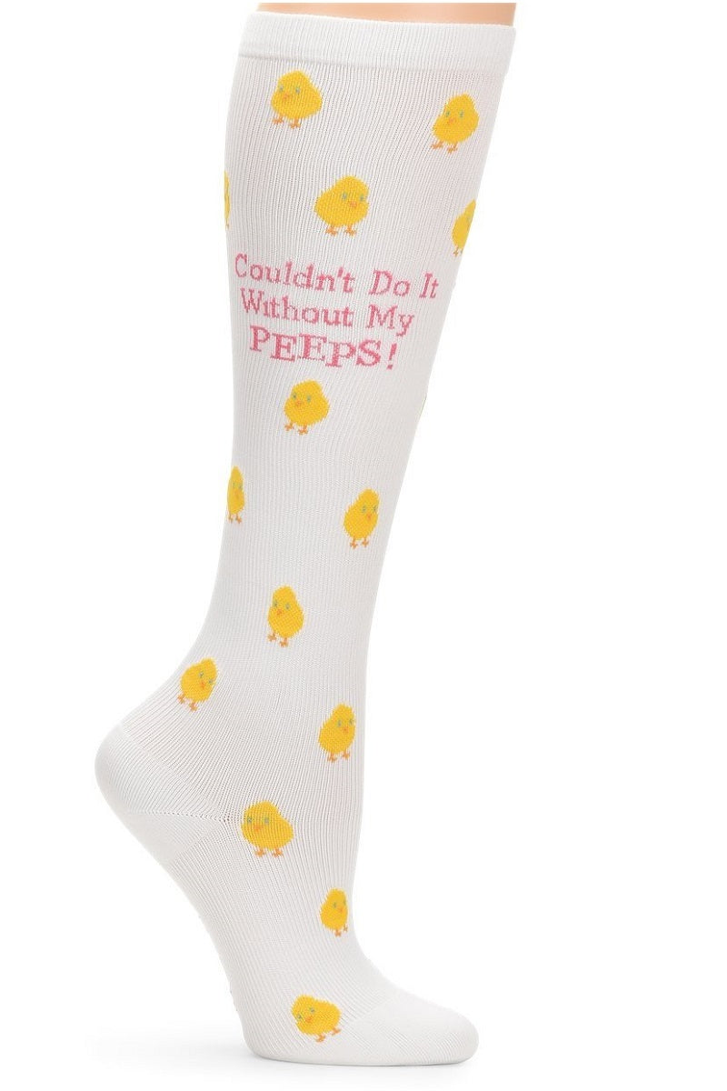 Nurse Mates Love My Peeps compression socks with chick pattern - 12-14 mmHg graduated compression for regular calves up to 17 inches, playful themed design for healthcare workers