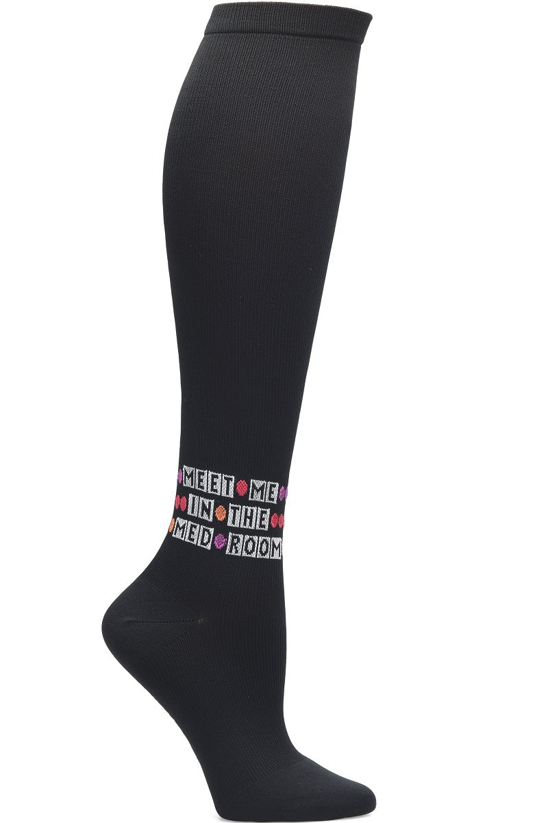Nurse Mates Meet Me In The Med Room compression socks - 12-14 mmHg mild compression for regular calves up to 17 inches, humorous nursing-themed design for medical professionals