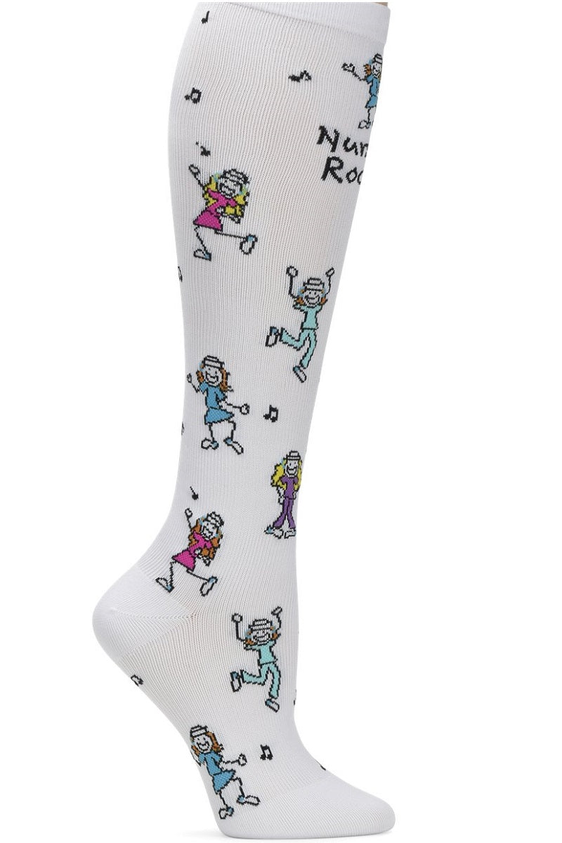Nurse Mates Nurses Rock compression socks in white with text - 12-14 mmHg graduated compression for regular calves up to 17 inches, empowering message for nurses and medical staff