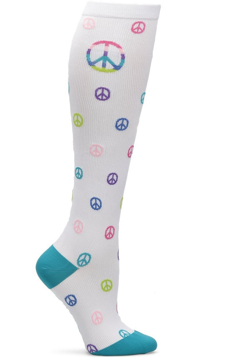 Nurse Mates Peace Out compression socks with peace signs - 12-14 mmHg mild compression for regular calves up to 17 inches, retro peace symbol design for healthcare workers