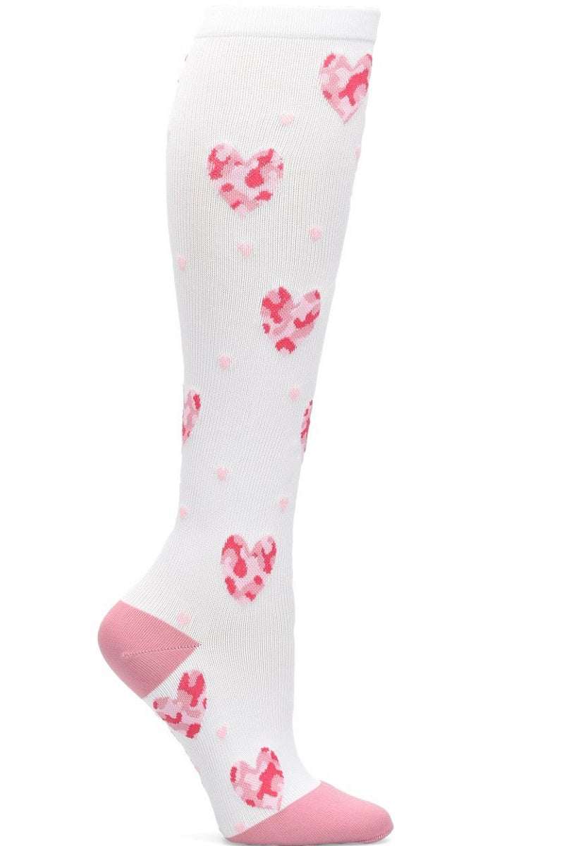 Nurse Mates Pink Camo Hearts compression socks with heart pattern - 12-14 mmHg graduated compression for regular calves up to 17 inches, modern geometric design in pink for healthcare workers