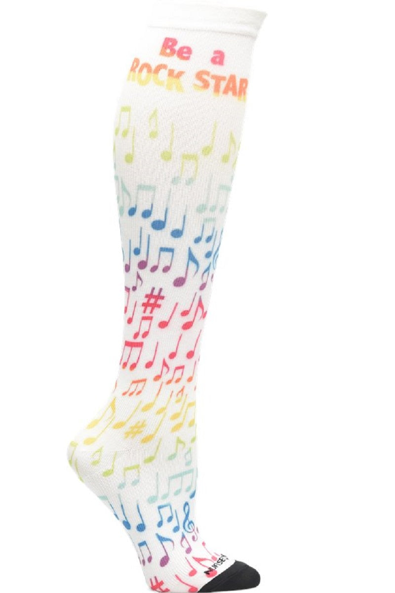 Nurse Mates 360° seamless compression socks 12-14 mmHg with be a rock star motivational text pattern, regular calf fit, healthcare professional grade support hosiery with inspirational message