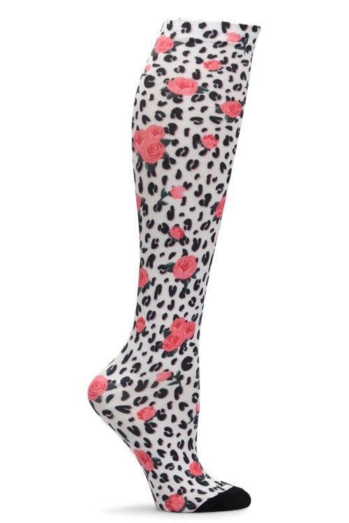 Nurse Mates 360° seamless compression socks 12-14 mmHg in leopard rose animal print with pink accents, regular calf fit, healthcare professional grade support hosiery with trendy pattern