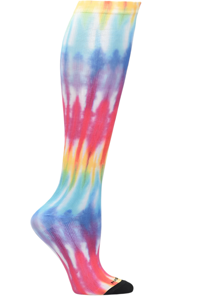 Nurse Mates 360° seamless compression socks 12-14 mmHg in multi-color tie dye pattern with rainbow swirls, regular calf fit, healthcare professional grade support hosiery