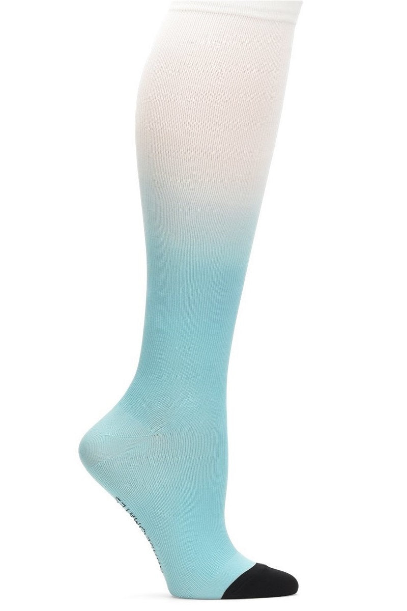Nurse Mates 360° seamless compression socks 12-14 mmHg in ombre aruba turquoise blue gradient, regular calf fit, healthcare professional grade support hosiery with ocean-inspired color fade