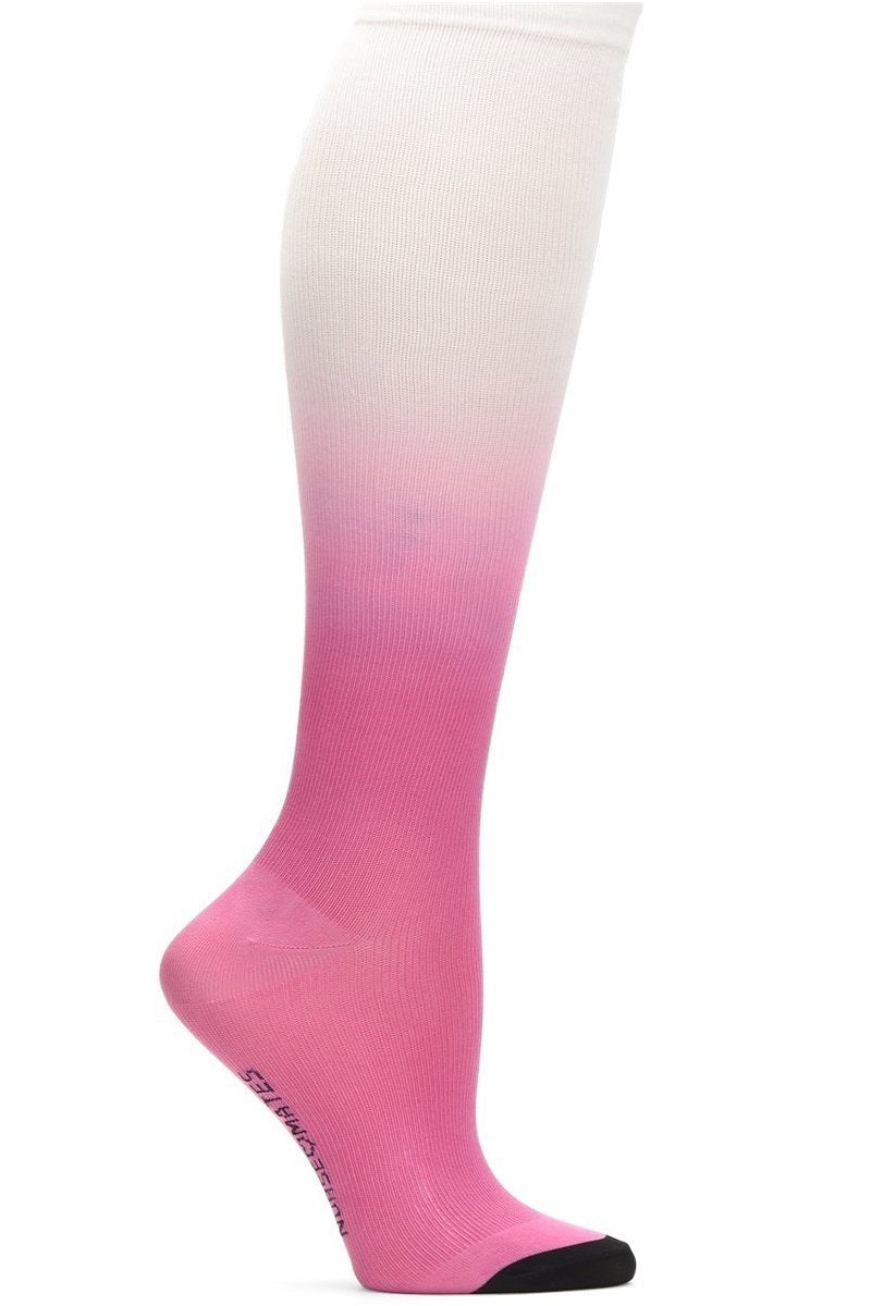 Nurse Mates 360° seamless compression socks 12-14 mmHg in ombre carnation pink gradient, regular calf fit, healthcare professional grade support hosiery with soft pink color fade