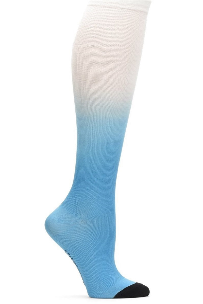 Nurse Mates 360° seamless compression socks 12-14 mmHg in ombre marina blue gradient, regular calf fit, healthcare professional grade support hosiery with deep blue color fade