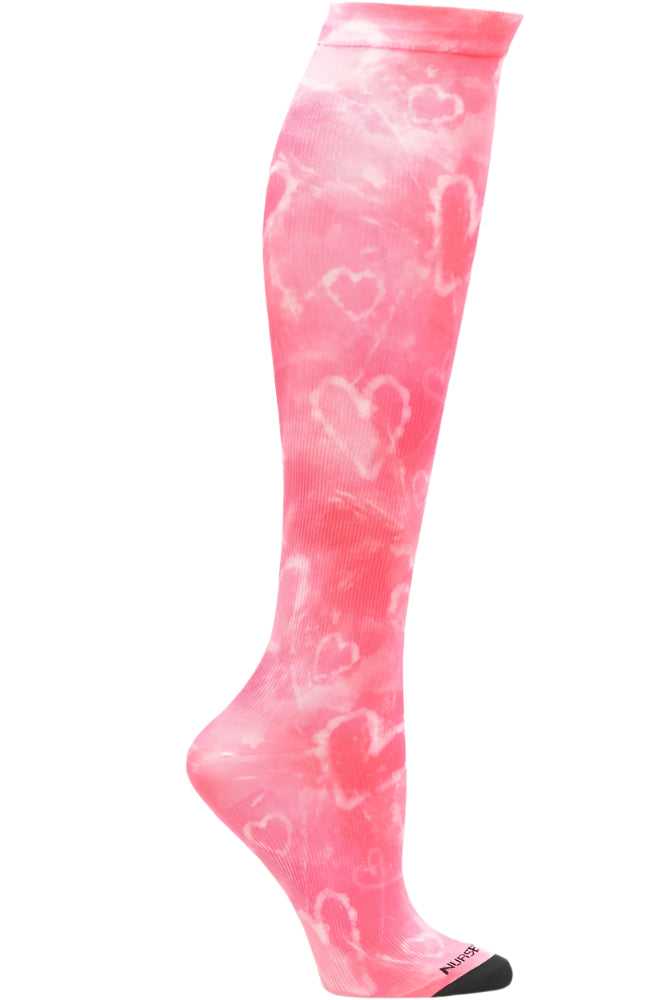 Nurse Mates 360° seamless compression socks 12-14 mmHg in pink hearts tie dye pattern with heart motifs, regular calf fit, healthcare professional grade support hosiery with romantic design