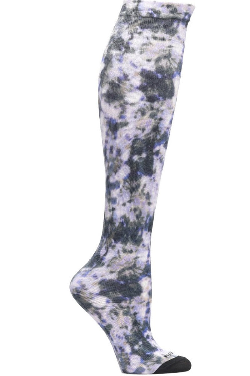 Nurse Mates 360° seamless compression socks 12-14 mmHg in purple and olive green tie dye pattern, regular calf fit, healthcare professional grade support hosiery with earthy color blend