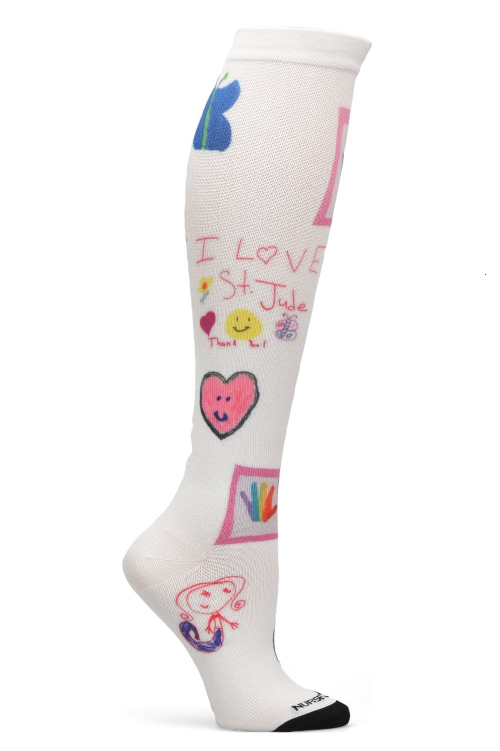 Nurse Mates 360° seamless compression socks 12-14 mmHg in St. Jude Kids Art pattern with colorful children's artwork, regular calf fit, healthcare professional grade support hosiery with charitable cause design