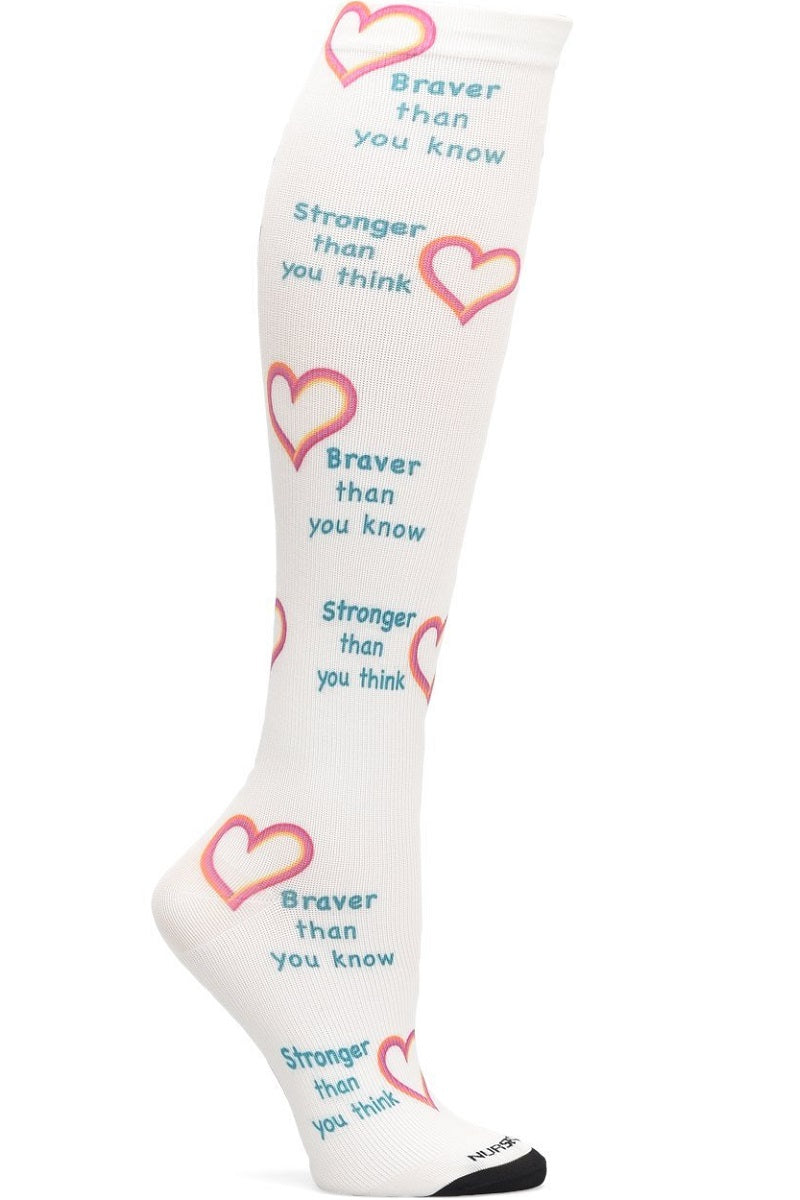 Nurse Mates 360° seamless compression socks 12-14 mmHg with stronger braver motivational text pattern, regular calf fit, healthcare professional grade support hosiery with empowerment message