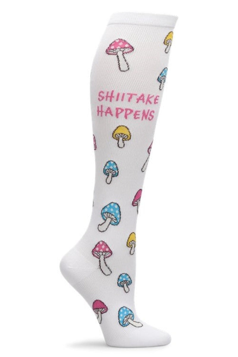 Nurse Mates Shiitake Happens compression socks with mushroom pattern - 12-14 mmHg graduated compression for regular calves up to 17 inches, humorous fungi design for healthcare workers