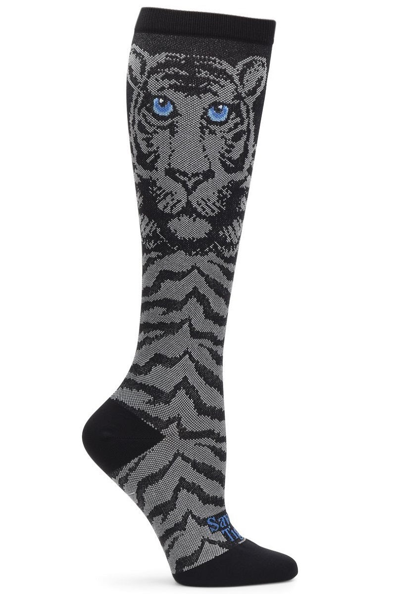 Nurse Mates Save The Tigers compression socks with tiger conservation message - 12-14 mmHg mild compression for regular calves up to 17 inches, endangered species awareness design for nurses