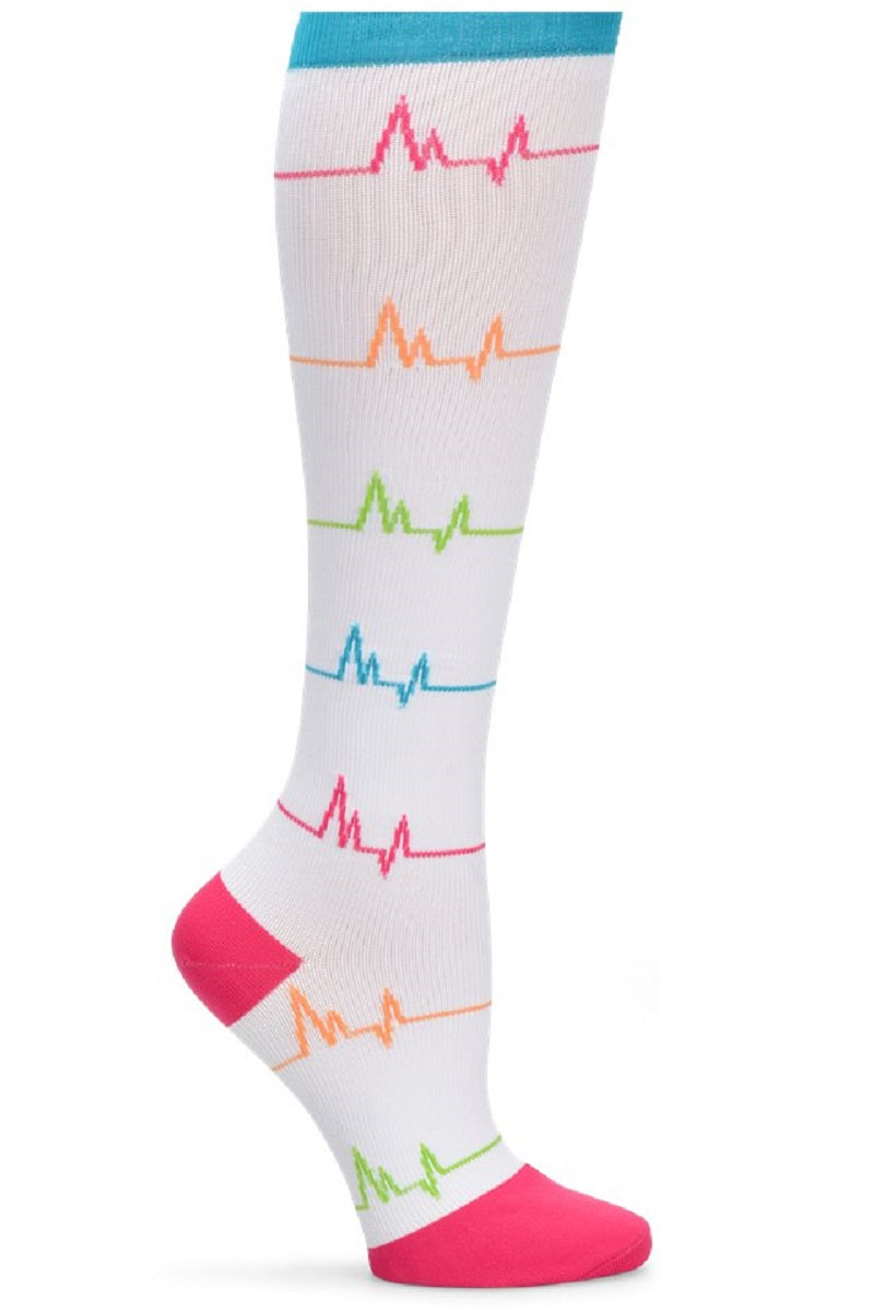 Nurse Mates white compression socks with EKG heartbeat pattern - 12-14 mmHg graduated compression for regular calves up to 17 inches, medical-themed design for nurses and healthcare professionals