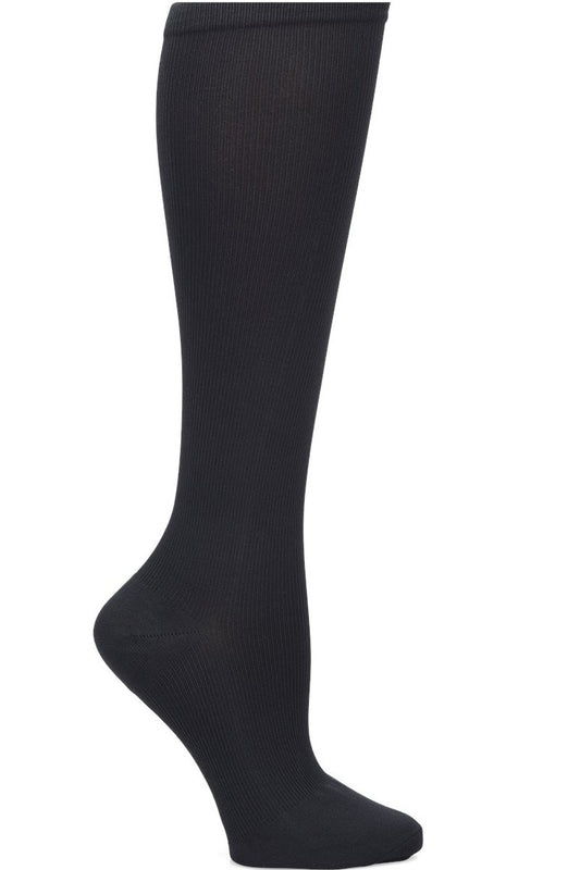 Nurse Mates wide calf compression socks in solid black, 12-14 mmHg graduated compression, fits calves up to 22 inches, medical-grade support hosiery for nurses and healthcare workers.