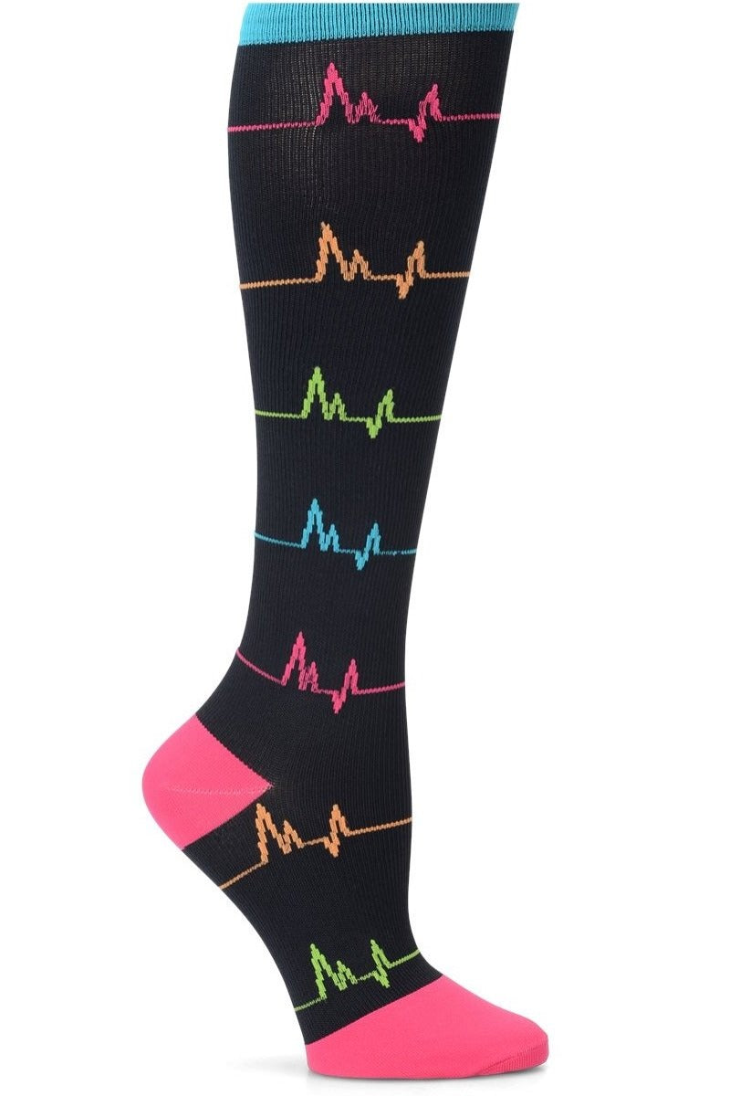 Nurse Mates wide calf compression socks in black with white EKG heartbeat pattern, 12-14 mmHg graduated compression, fits calves up to 22 inches, medical-themed support hosiery for healthcare professionals.