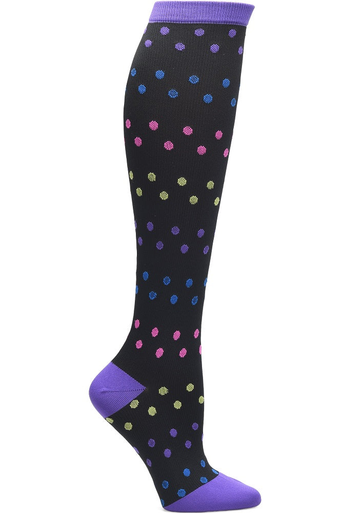 Nurse Mates wide calf compression socks in dynamic dots pattern with colorful polka dots, 12-14 mmHg graduated compression, fits calves up to 22 inches, fun patterned medical support hosiery.