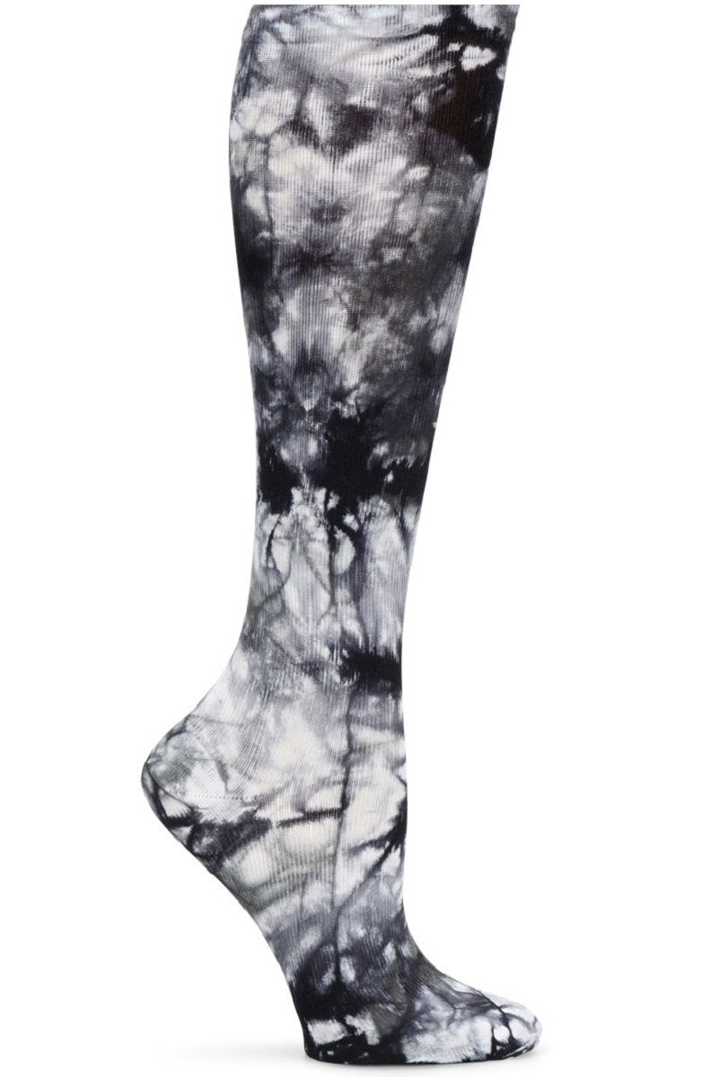Nurse Mates wide calf compression socks in grey and white stripe pattern, 12-14 mmHg graduated compression, fits calves up to 22 inches, neutral colored medical support hosiery.