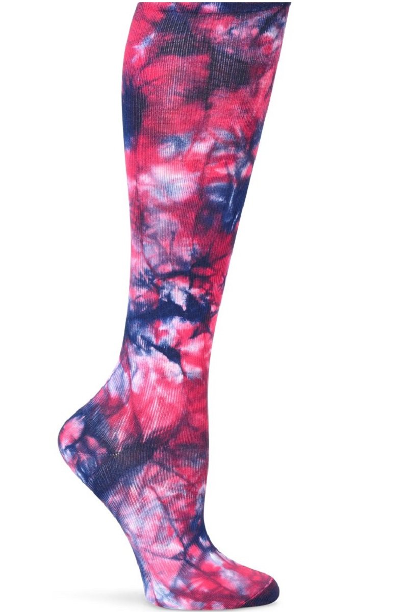 Nurse Mates wide calf compression socks in navy blue and magenta pink stripe pattern, 12-14 mmHg graduated compression, fits calves up to 22 inches, colorful medical support hosiery.