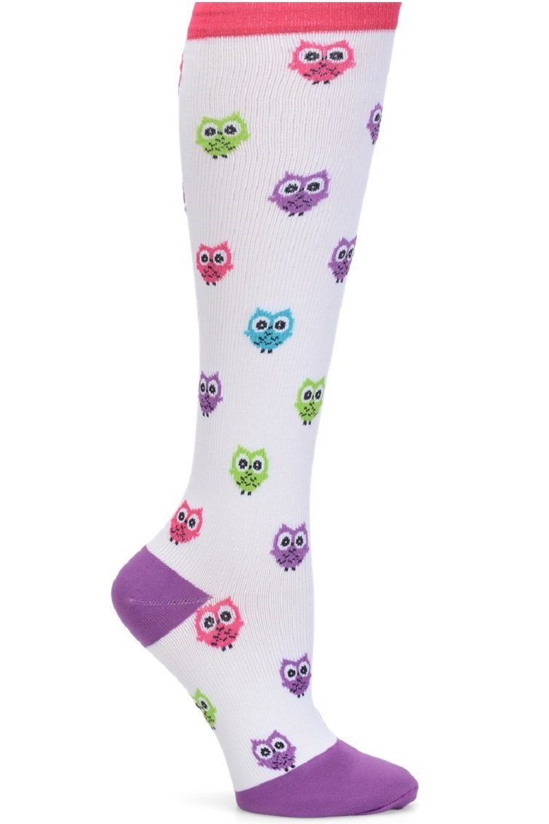Nurse Mates wide calf compression socks with colorful owl pattern, 12-14 mmHg graduated compression, fits calves up to 22 inches, whimsical animal print medical support hosiery.