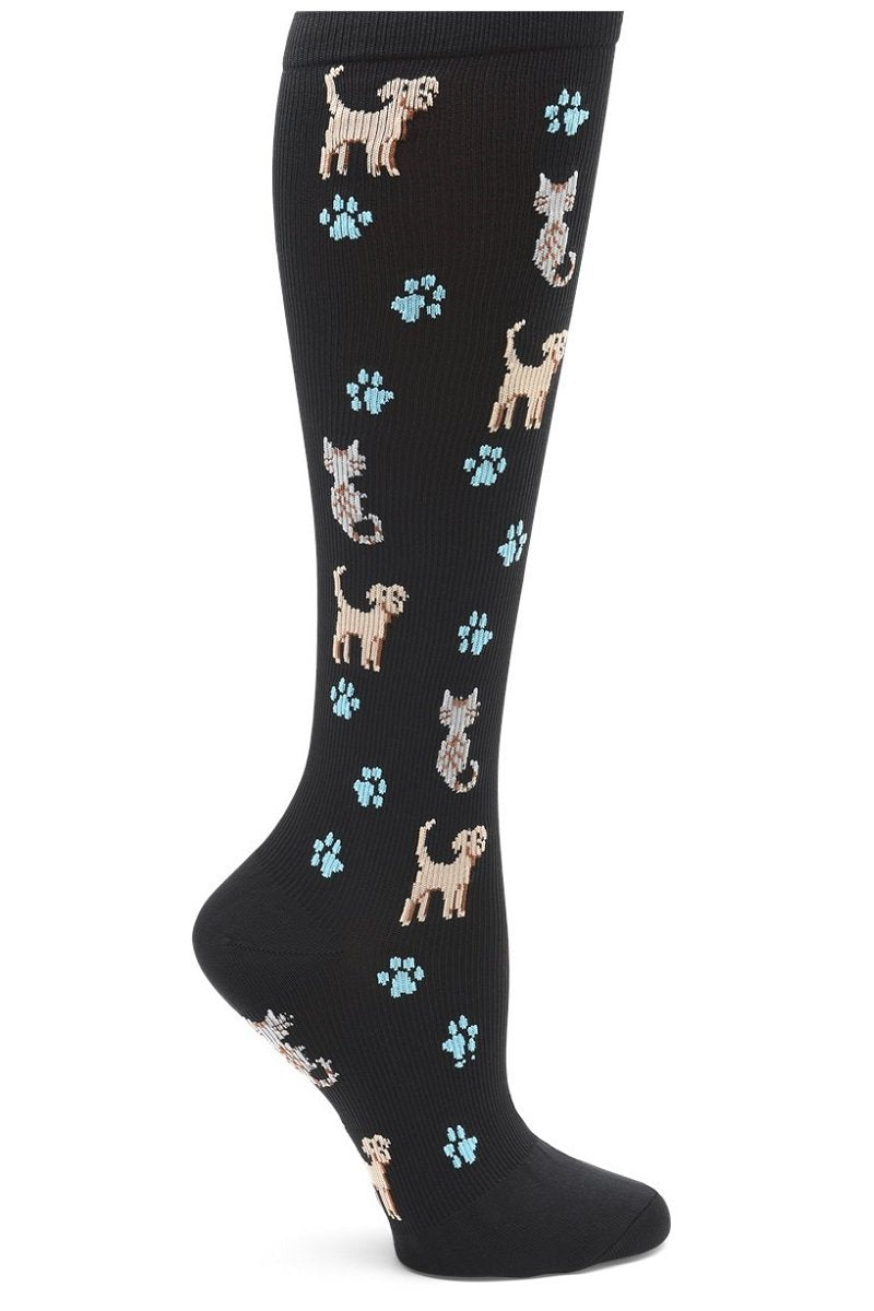 Nurse Mates wide calf compression socks with pets and paws pattern featuring dogs and cats, 12-14 mmHg graduated compression, fits calves up to 22 inches, animal lover medical support hosiery.