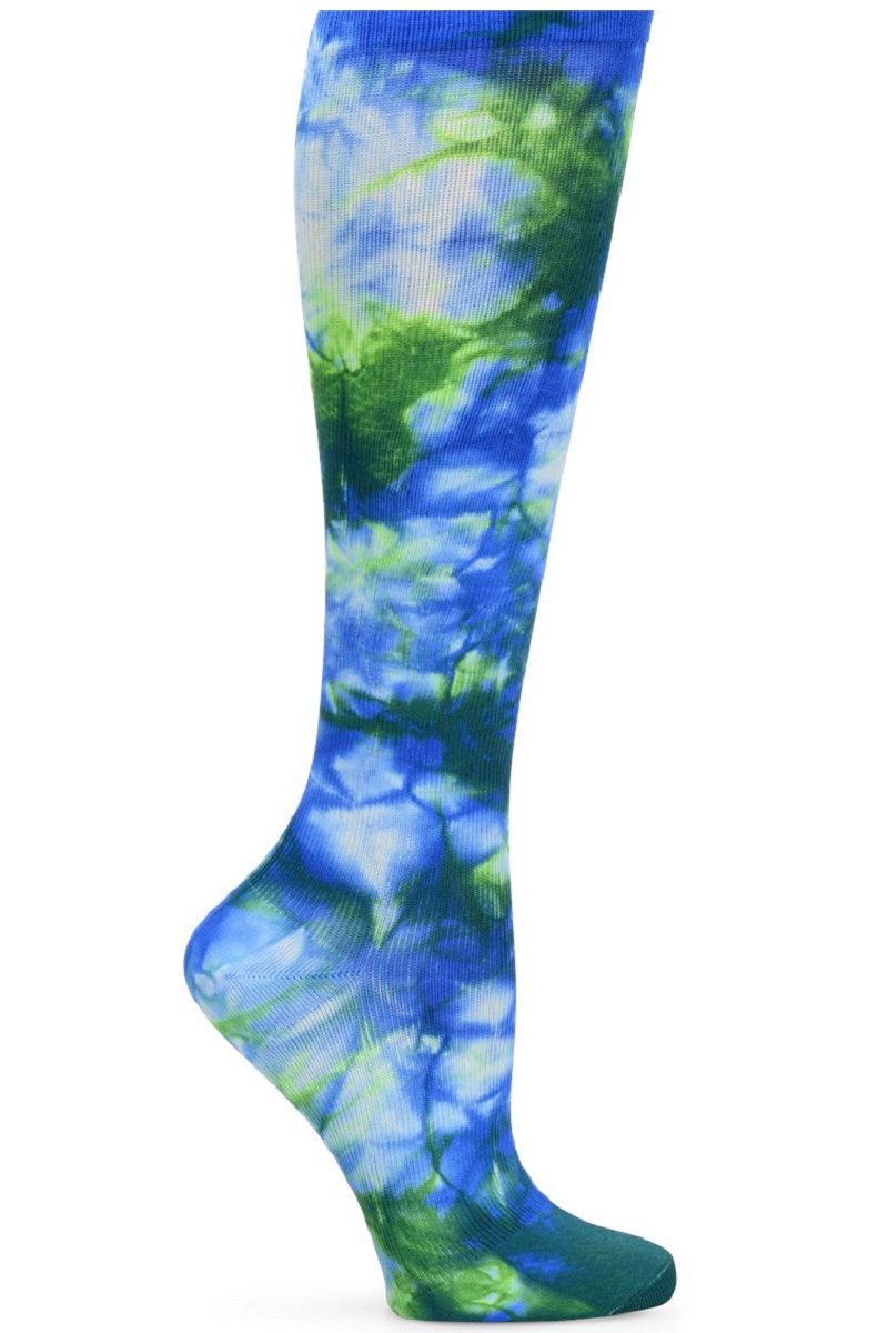 Nurse Mates wide calf compression socks in royal blue and green stripe pattern, 12-14 mmHg graduated compression, fits calves up to 22 inches, bold colored medical support hosiery.