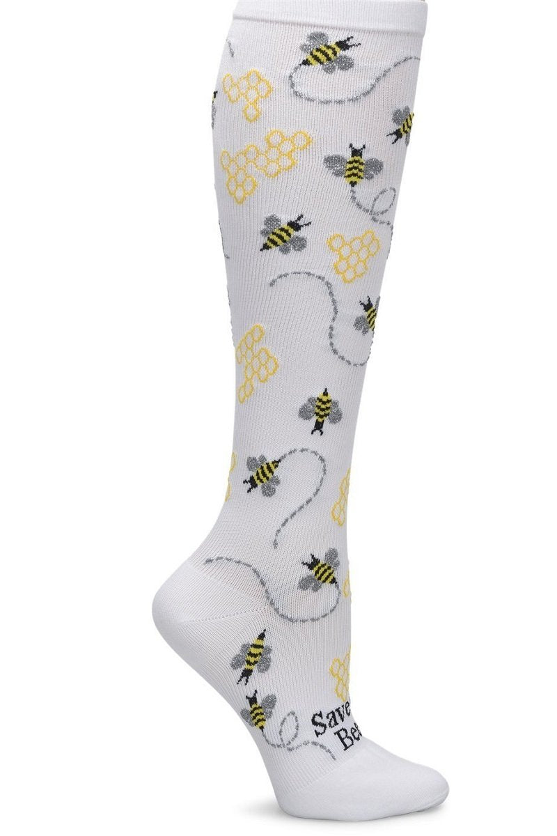 Nurse Mates wide calf compression socks with save the bees pattern featuring honeybees and flowers, 12-14 mmHg graduated compression, fits calves up to 22 inches, eco-conscious medical support hosiery.