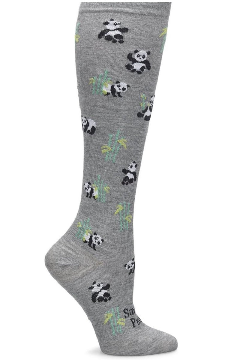 Nurse Mates wide calf compression socks with save the pandas pattern featuring cute panda bears, 12-14 mmHg graduated compression, fits calves up to 22 inches, wildlife conservation medical support hosiery.