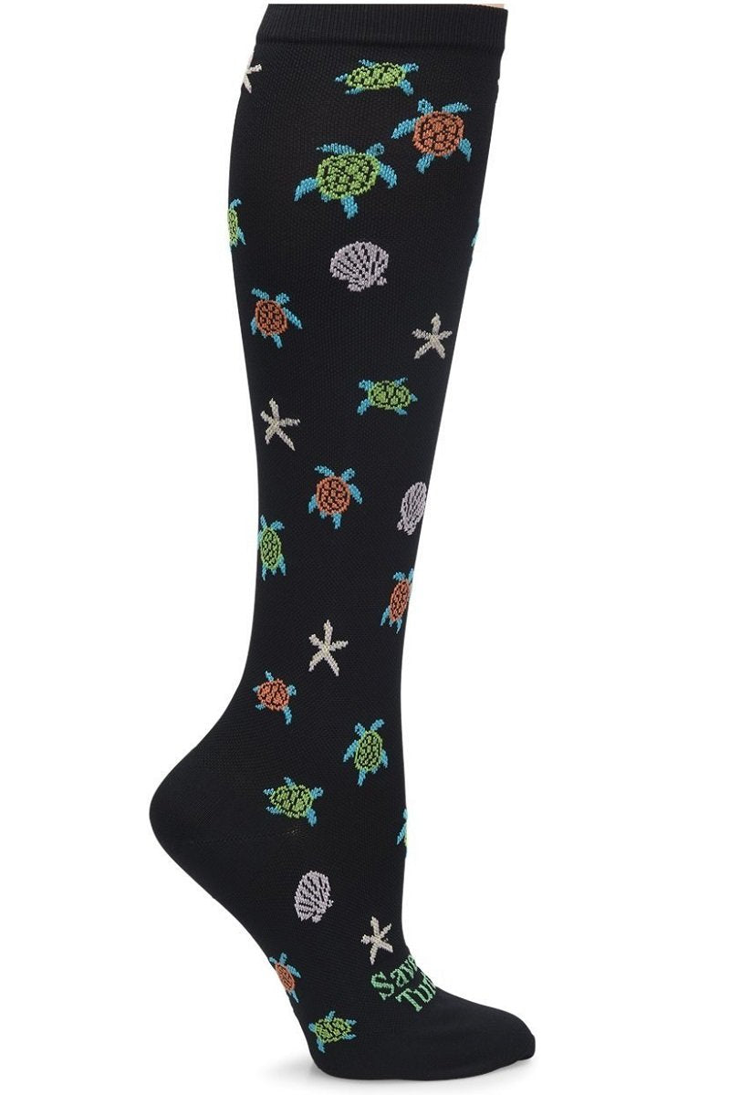 Nurse Mates wide calf compression socks with save the turtles pattern featuring sea turtles, 12-14 mmHg graduated compression, fits calves up to 22 inches, ocean conservation medical support hosiery.