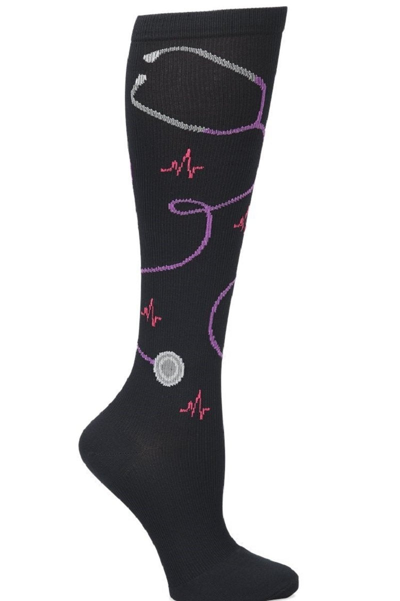 Nurse Mates wide calf compression socks with stethoscope pattern in medical theme, 12-14 mmHg graduated compression, fits calves up to 22 inches, classic healthcare professional support hosiery.