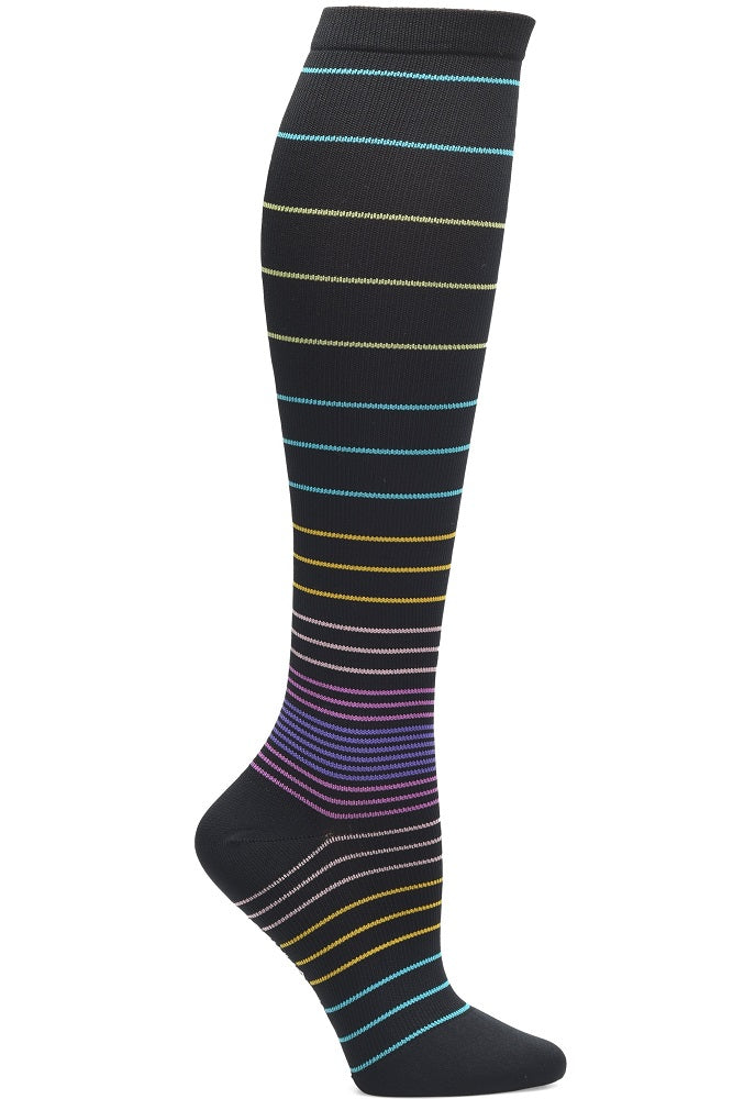 Nurse Mates wide calf compression socks with thin ombre stripe gradient pattern, 12-14 mmHg graduated compression, fits calves up to 22 inches, subtle gradient medical support hosiery