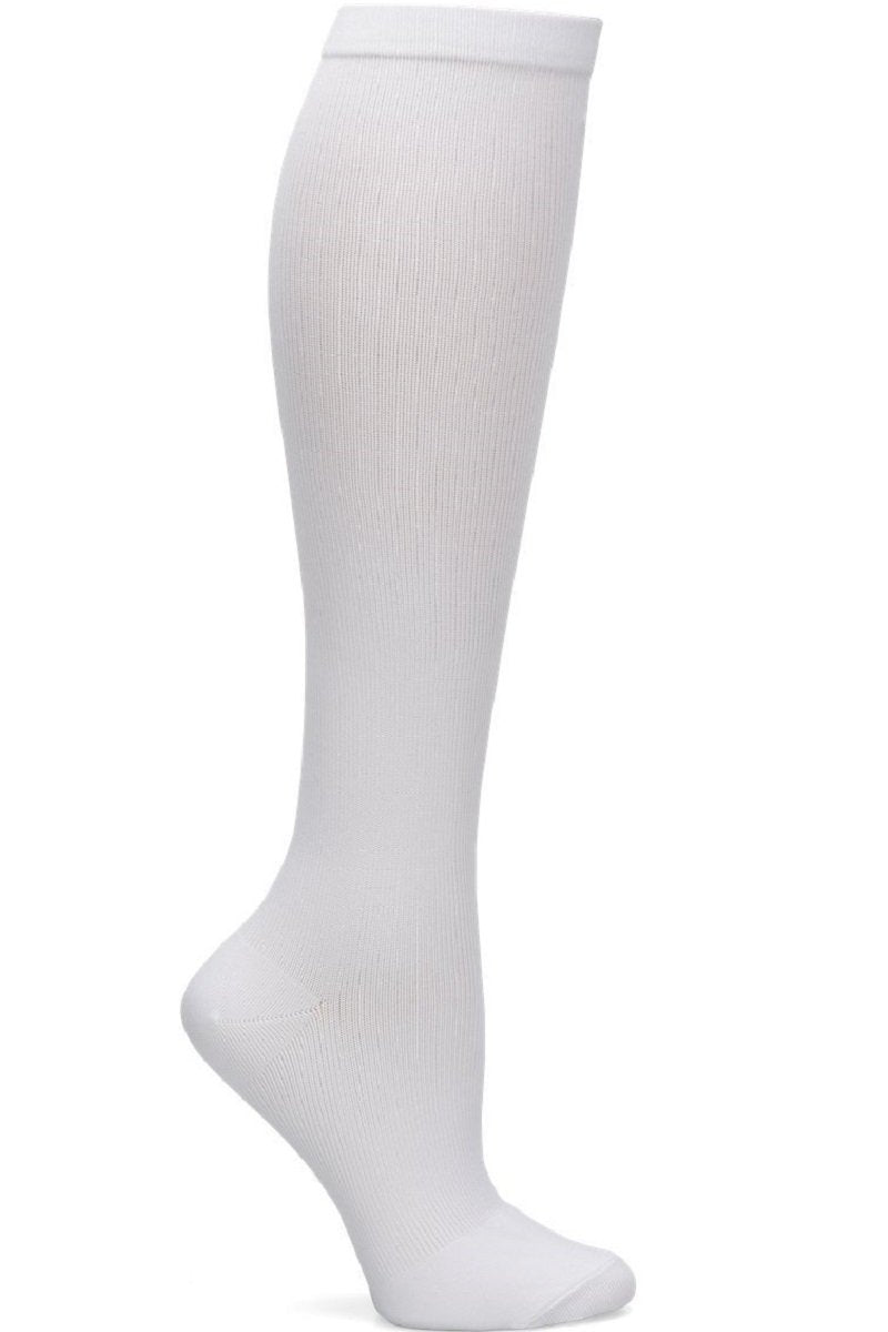 Nurse Mates wide calf compression socks in solid white, 12-14 mmHg graduated compression, fits calves up to 22 inches, classic medical-grade support hosiery for nurses and healthcare workers.