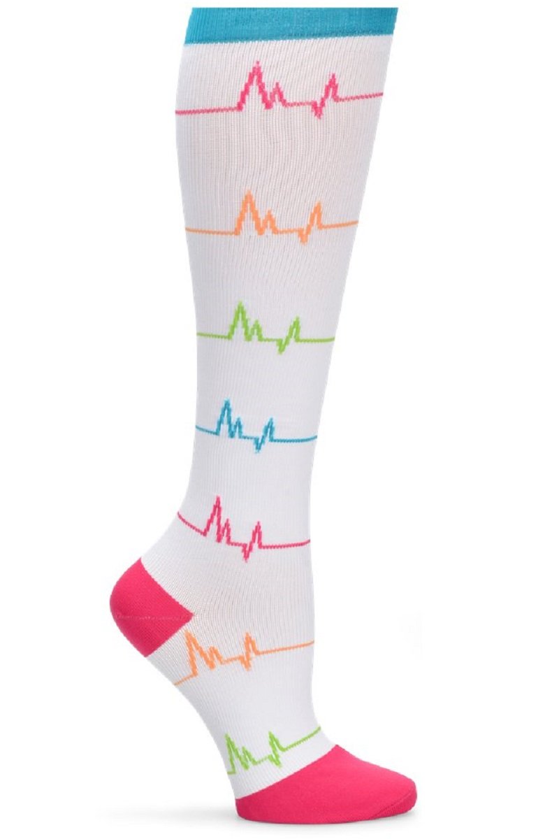 Nurse Mates wide calf compression socks in white EKG heartbeat pattern, 12-14 mmHg graduated compression, fits calves up to 22 inches, medical-themed support hosiery for healthcare professionals.