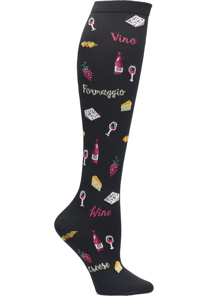 Nurse Mates Wine and Cheese Please compression socks with wine and cheese graphics - 12-14 mmHg mild compression for regular calves up to 17 inches, fun foodie design for healthcare workers