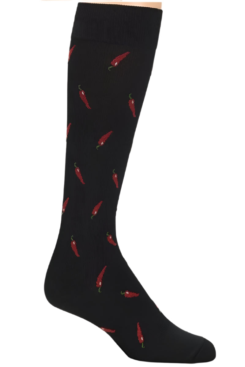 Nurse Mates men's compression socks in chile peppers pattern with 12-14 mmHg medical-grade compression for leg support and circulation.