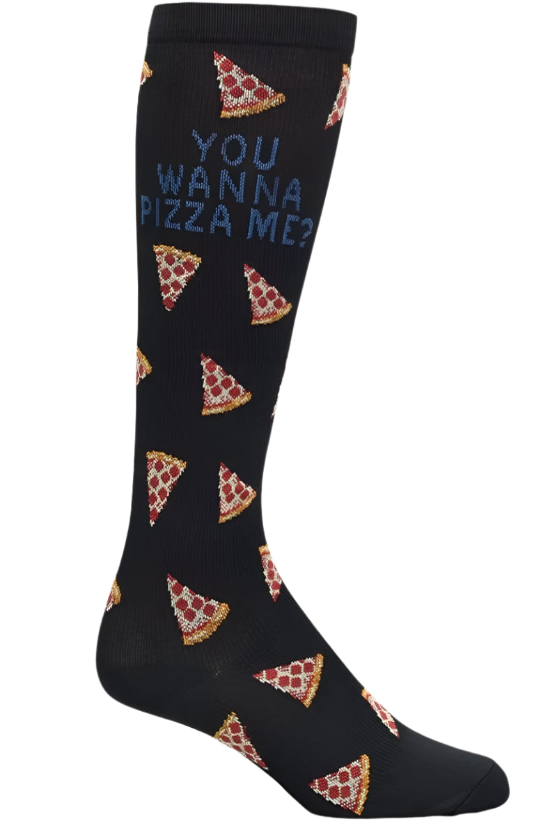 Nurse Mates men's compression socks in You Wanna Pizza Me novelty pattern with 12-14 mmHg compression for healthcare workers.