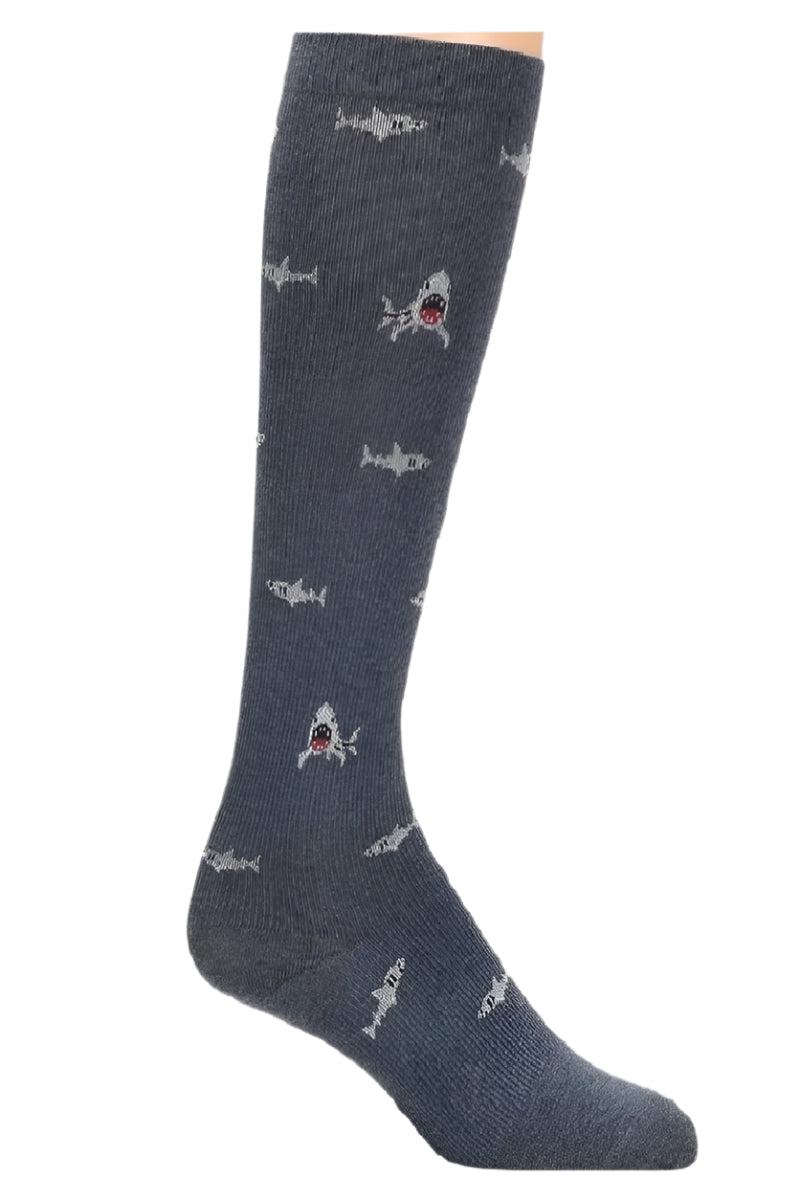 Nurse Mates men's compression socks in shark pattern with 12-14 mmHg medical compression for leg fatigue relief and swelling reduction.