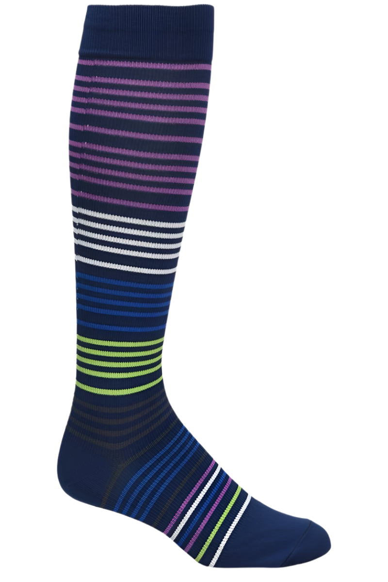 Nurse Mates men's compression socks in navy multi-stripe design with 12-14 mmHg graduated compression for all-day comfort.