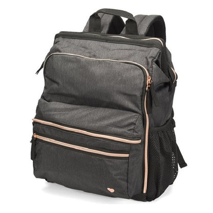 Nurse Mates Ultimate Nursing Backpack, charcoal grey with rose gold hardware, premium nursing student backpack with metallic accents, sophisticated medical professional bag with modern aesthetic
