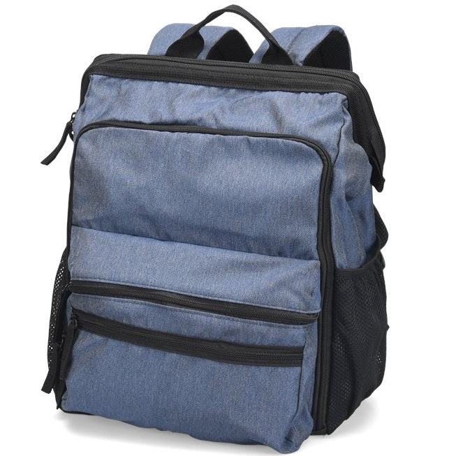Nurse Mates Ultimate Nursing Backpack, classic denim blue fabric, casual yet professional nursing bag, versatile backpack for healthcare workers, everyday medical student essential
