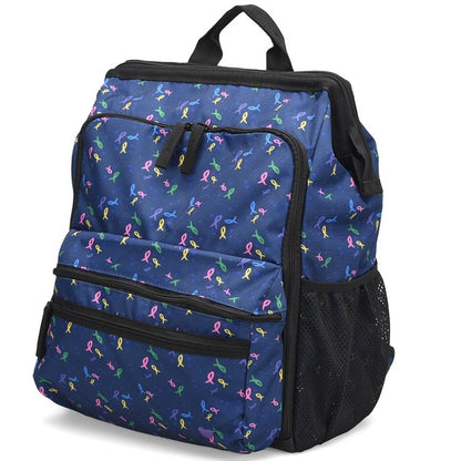 Nurse Mates Ultimate Nursing Backpack, pink ribbons and hearts pattern, breast cancer awareness nursing bag, supportive healthcare backpack with charitable theme, compassionate medical professional accessory
