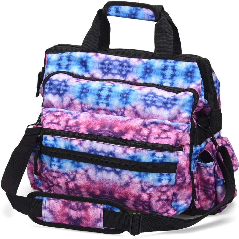 Nurse Mates Ultimate Nursing Bag in Berry Blue Tie Dye - durable water-resistant nursing bag with slip-resistant bottom, padded laptop sleeve, and spacious compartments for 12-hour shifts

