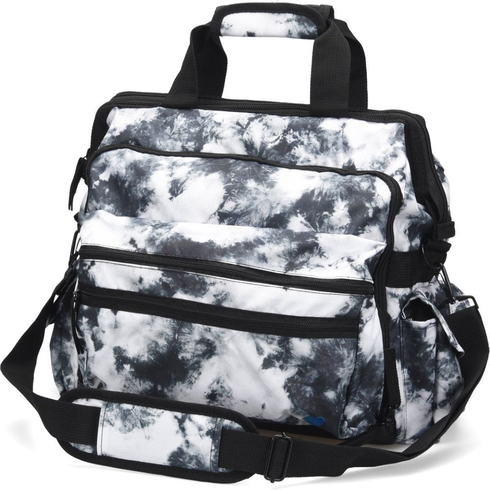 Nurse Mates Ultimate Nursing Bag in Black and White Tie Dye pattern - water-resistant healthcare professional bag with heavy-duty zippers, laptop compartment, and multiple organizational pockets for nurses and medical workers.
