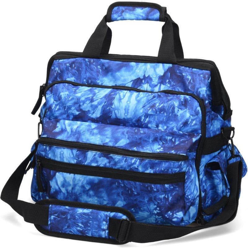 Nurse Mates Ultimate Nursing Bag in Blue Crystal Tie Dye pattern - water-resistant medical professional bag with industrial-strength zippers, laptop compartment, and spacious storage for nurses and veterinary technicians
